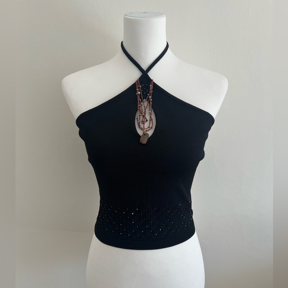 Unique and beautiful vintage 5/48 halter top. Size S. Black with copper beading.